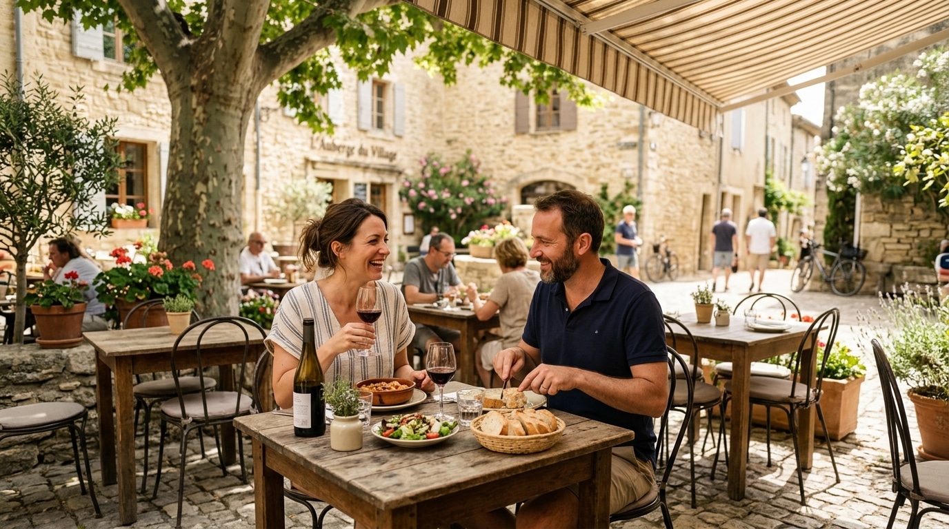 Terrasse de restaurant accueillante dans un village médiéval