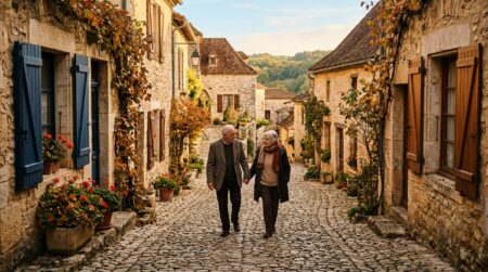 Couple se promenant dans les ruelles vides du village médiéval