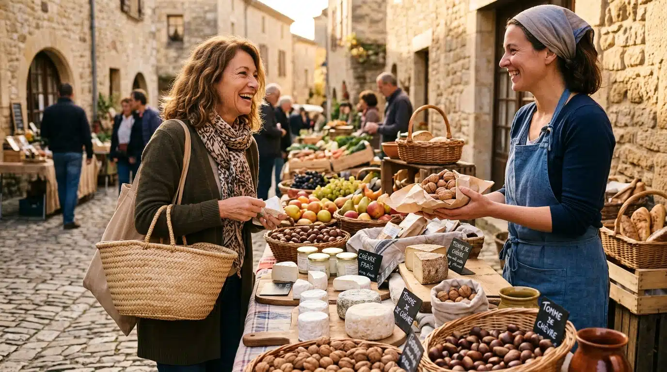Marché de producteurs local avec fromages et noix du Lot