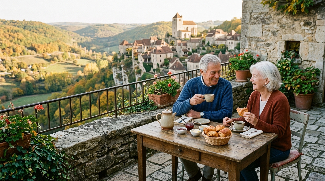 Petit-déjeuner en terrasse face à la vallée du Lot