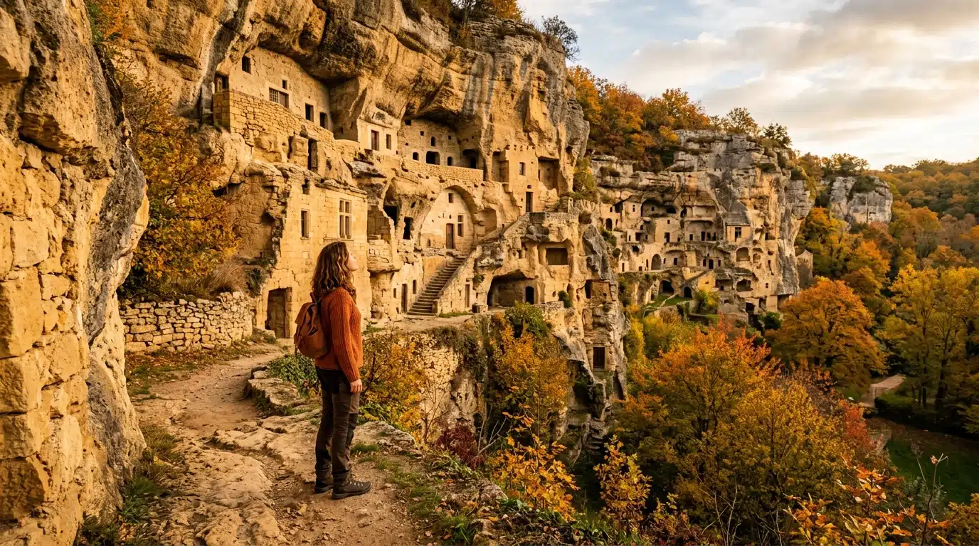 Femme découvrant les habitations troglodytiques creusées dans la falaise