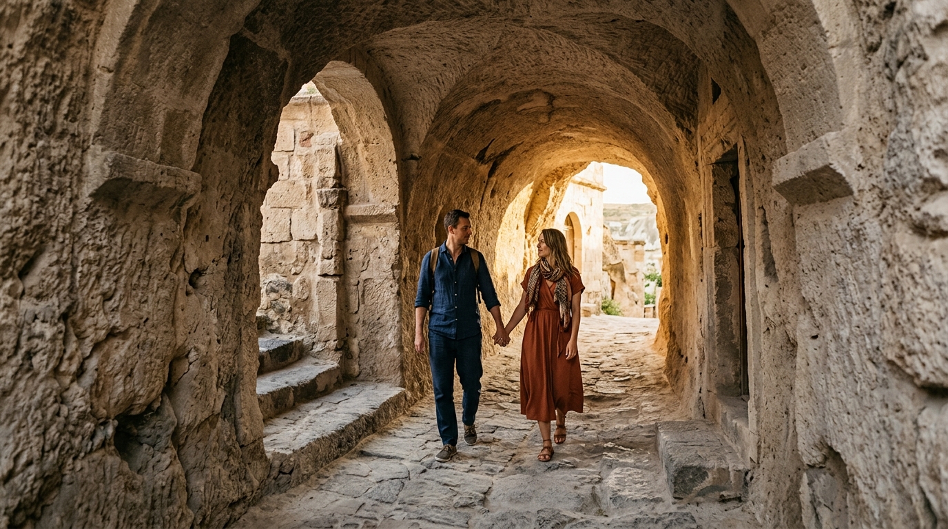 Couple explorant un passage voûté du village troglodytique
