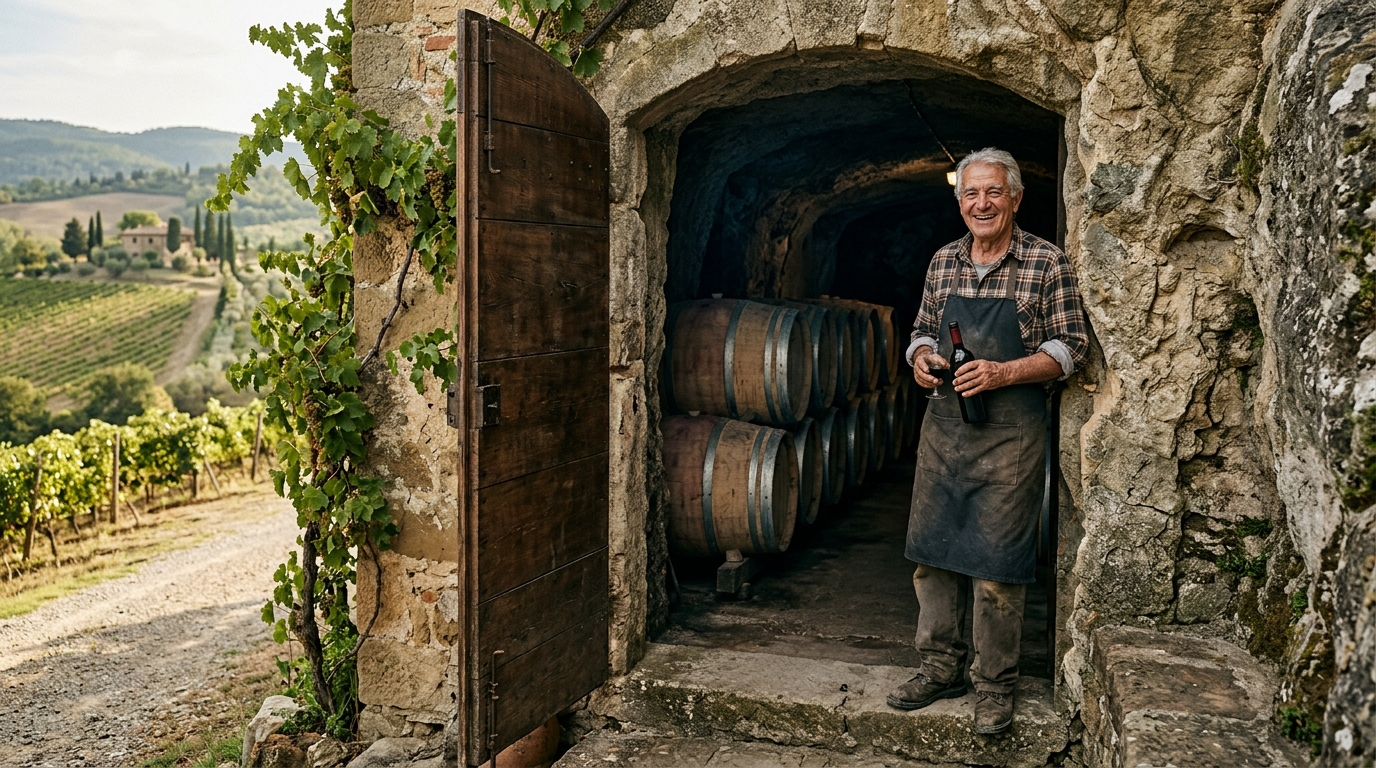 Vigneron devant une cave troglodytique creusée dans la roche