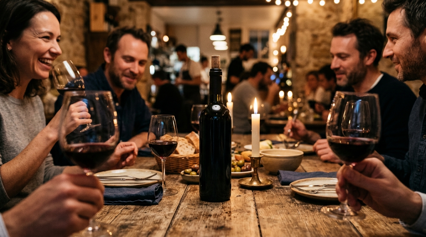 Bouteille de vin rouge sur table dressée pour dîner