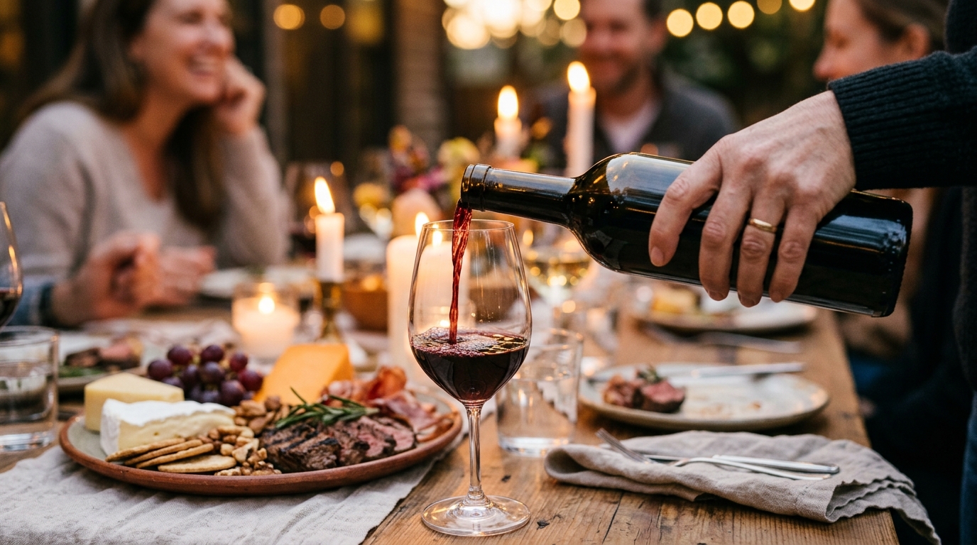 Verre de vin rouge servi lors d'un repas convivial