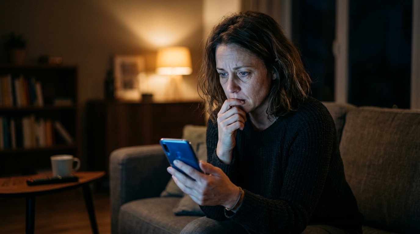 Personne anxieuse consultant son téléphone la nuit