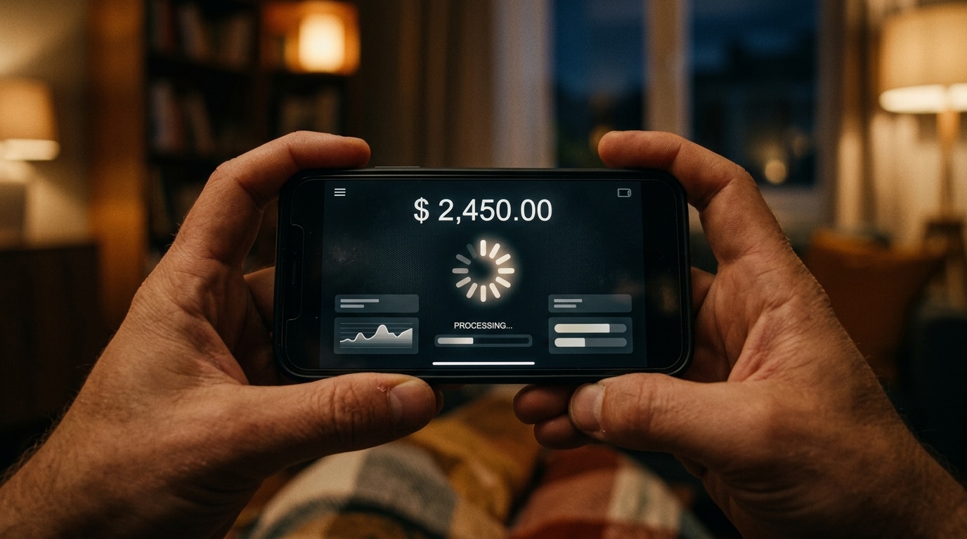 Smartphone affichant un virement bancaire en attente