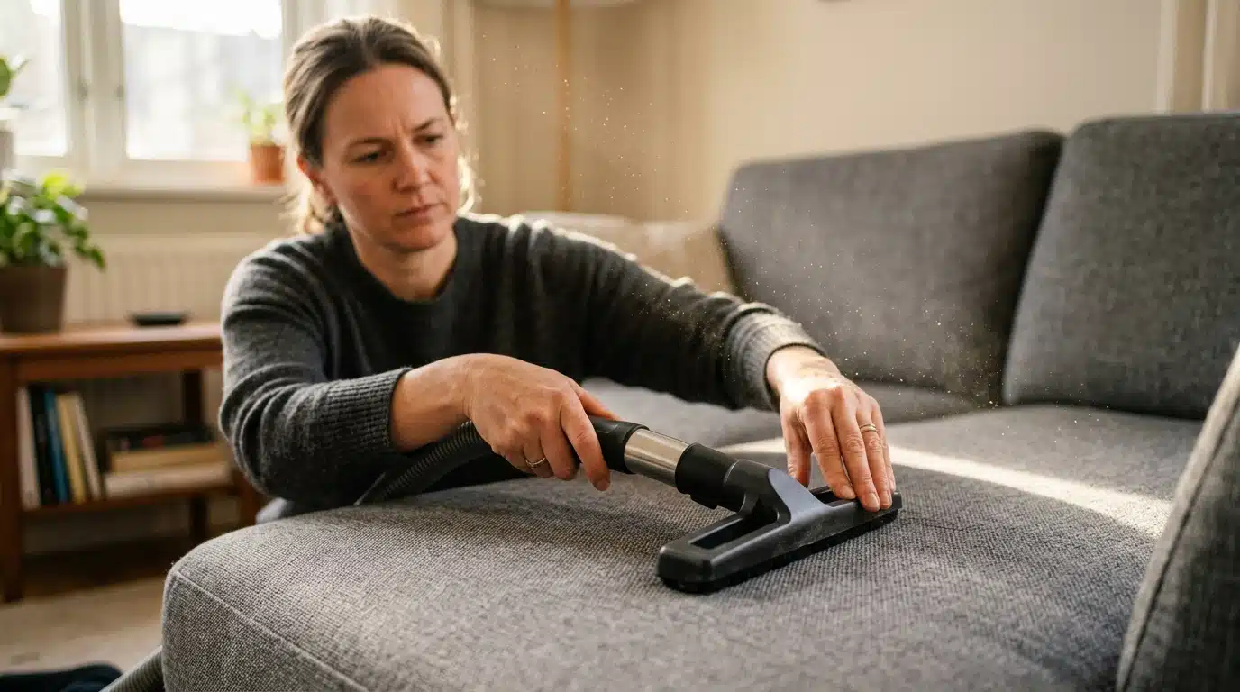 Femme passant l'aspirateur sur un canapé en tissu gris