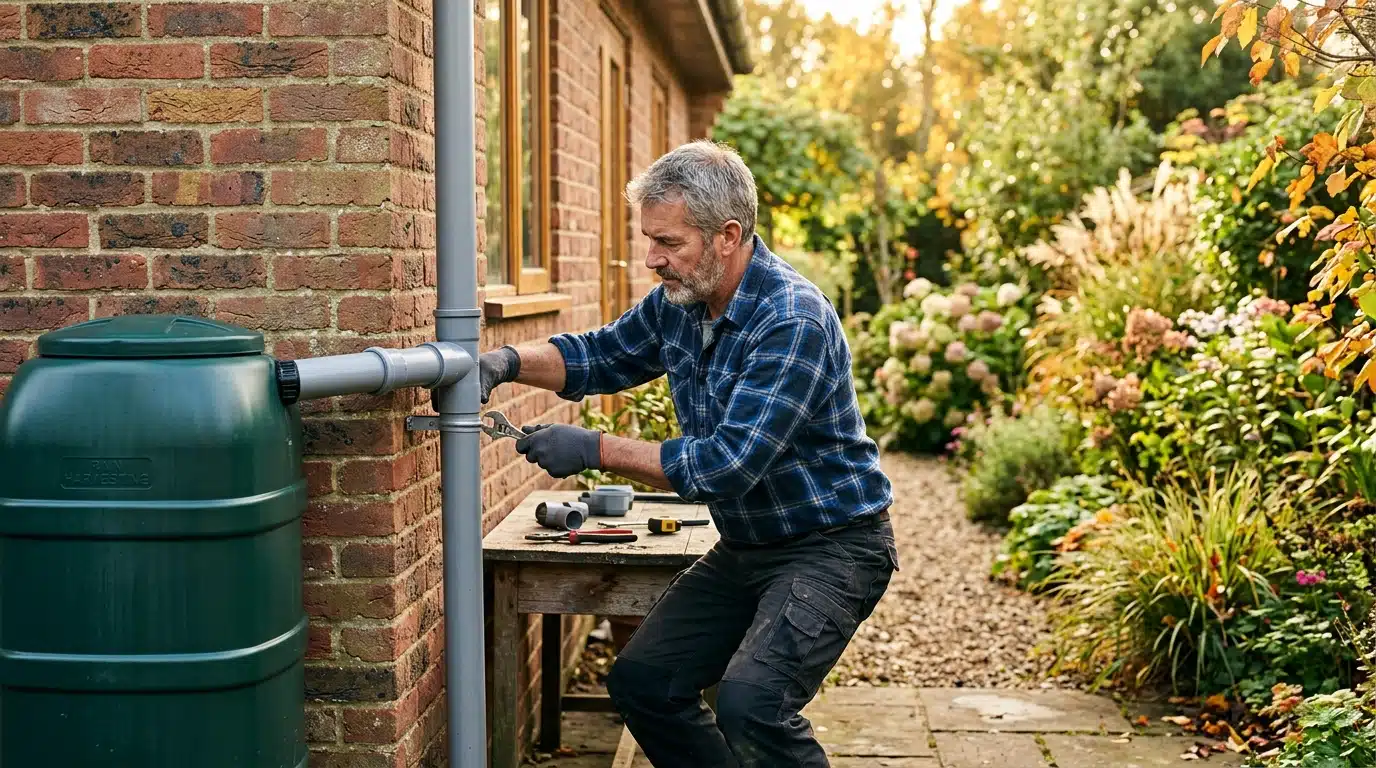 Homme installant un raccordement de cuve d'eau de pluie