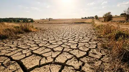 Sol de terre craquelé par la sécheresse sous le soleil
