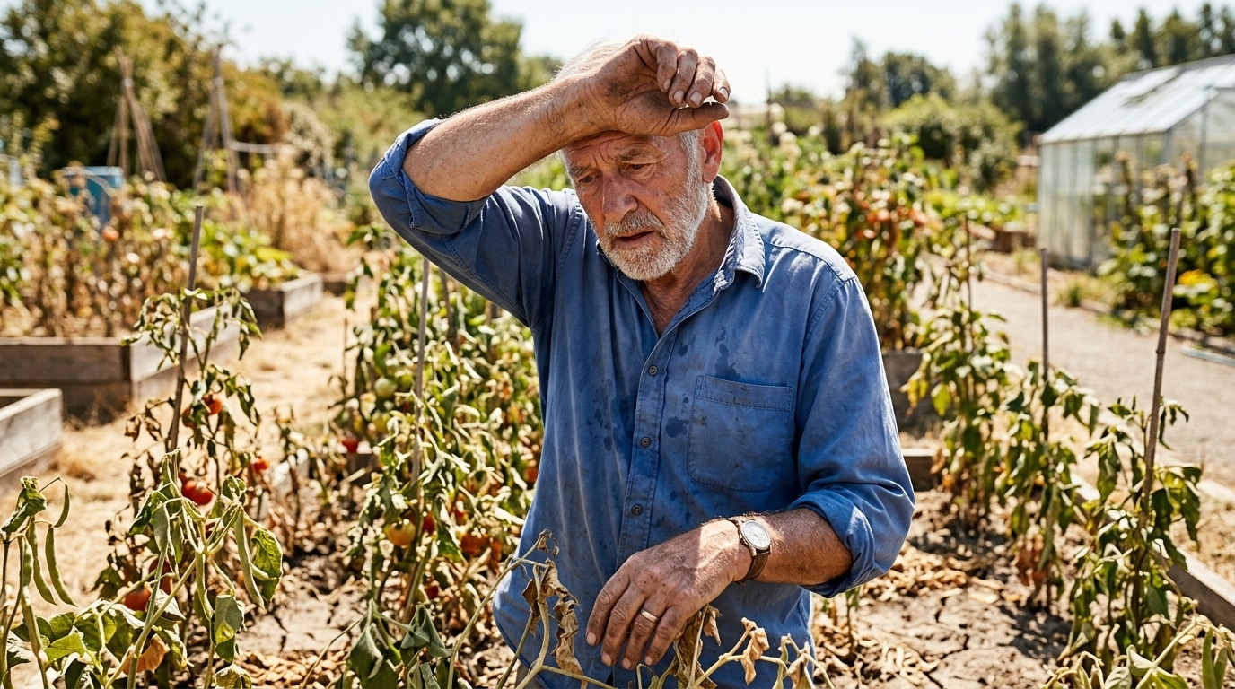 Jardinier inquiet devant des plantes fanées par la chaleur
