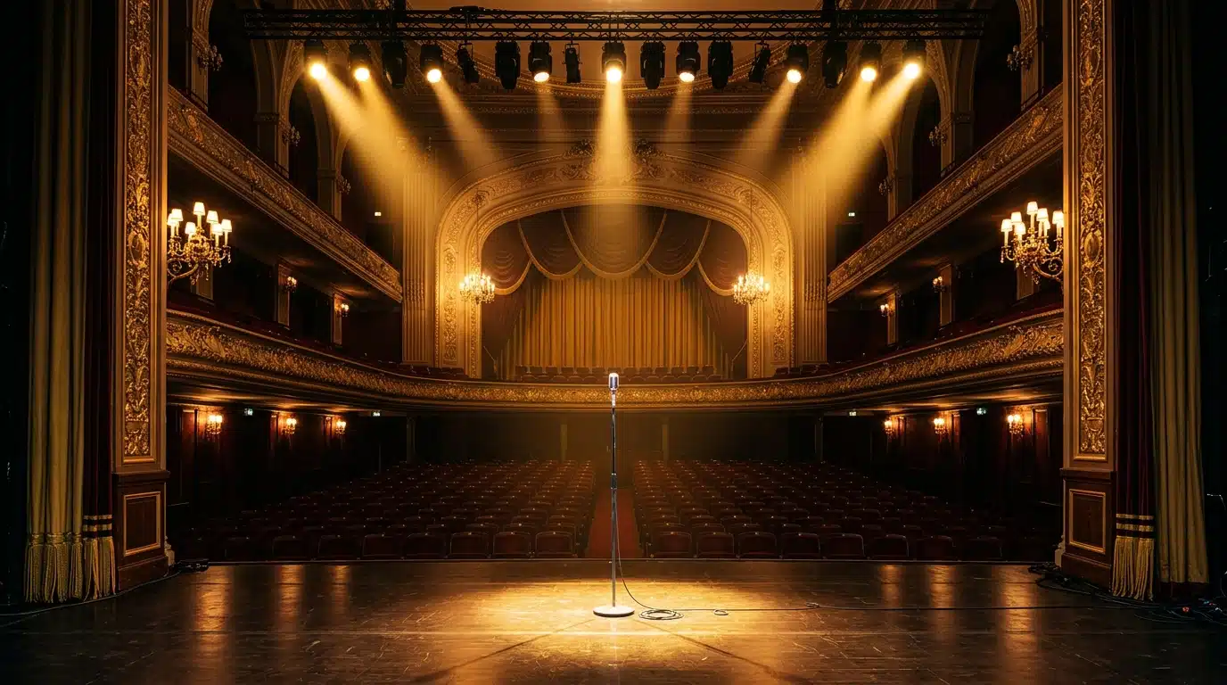 Scène de concert parisienne avec lumières dorées