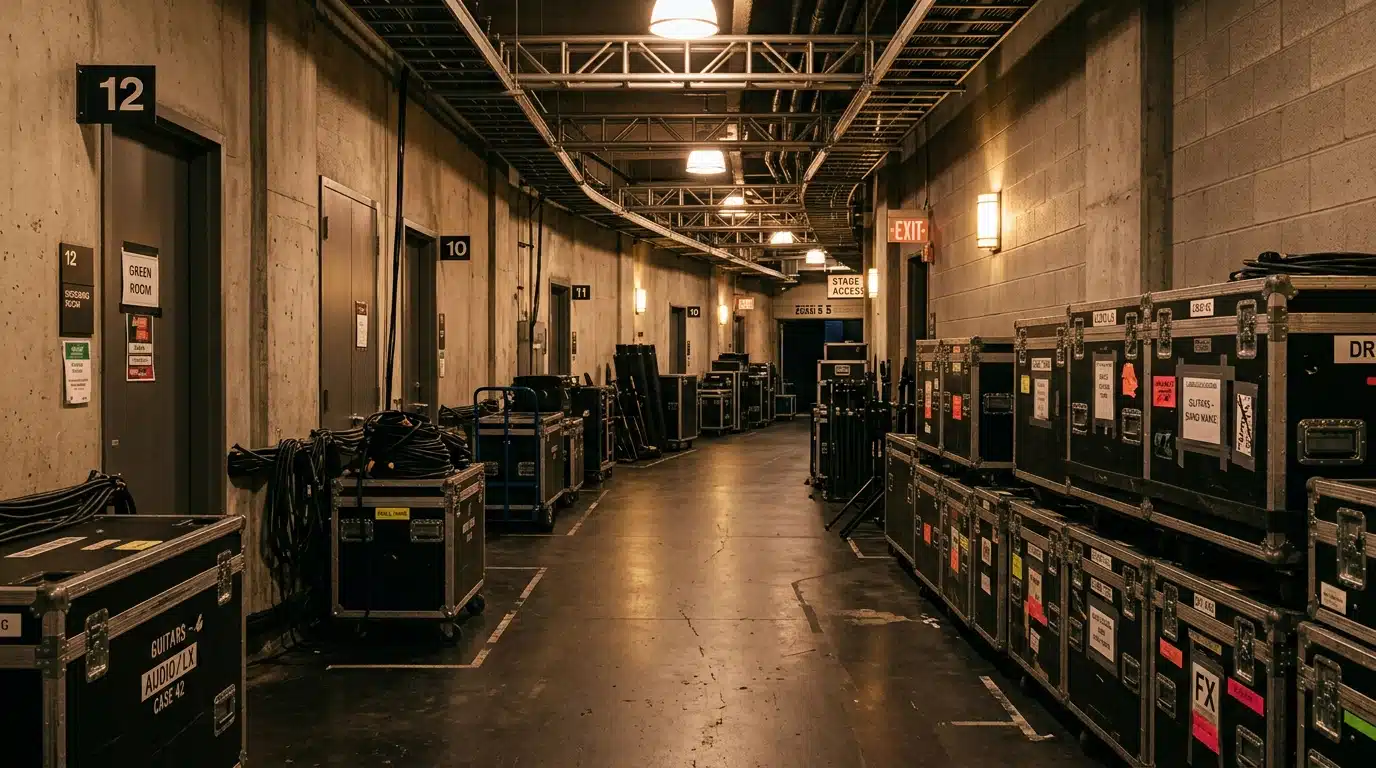Coulisses d'une salle de concert avant le show