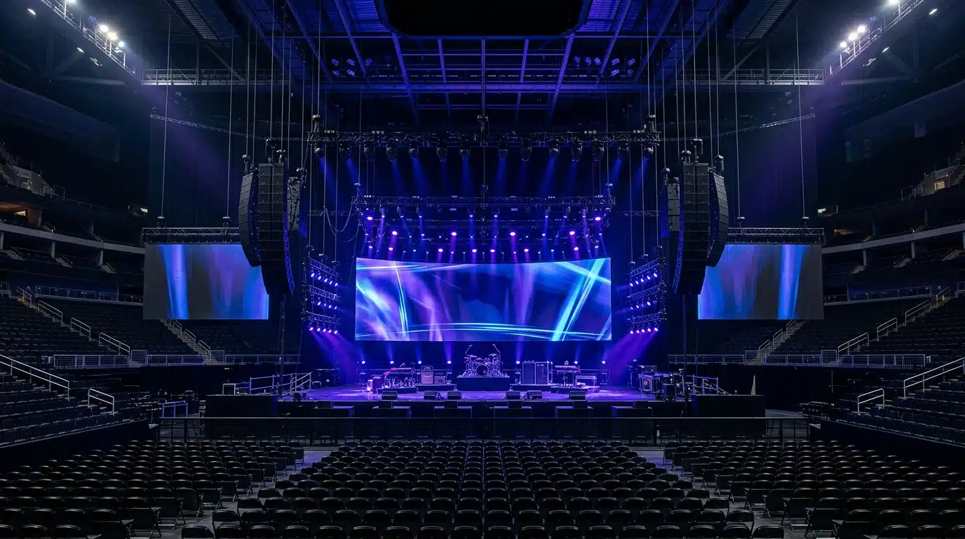 Scène de grande salle de concert prête à accueillir le public