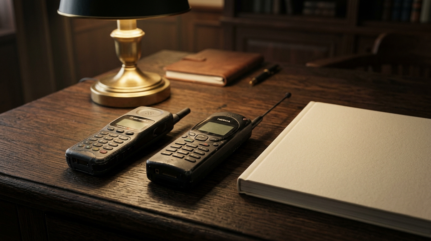 Deux téléphones portables d'époque posés côte à côte sur un bureau en bois, à côté d'un magazine fermé