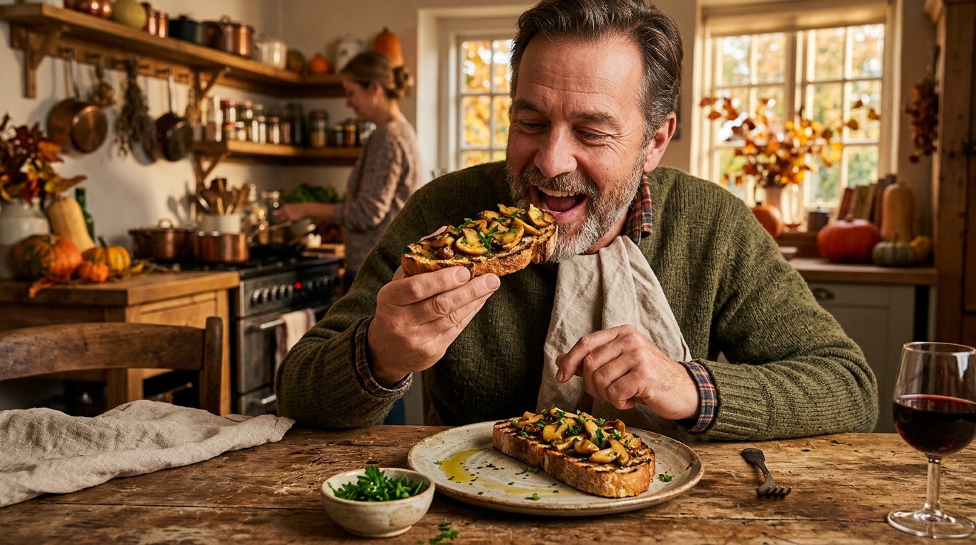 Tartine grillée garnie de poêlée de cèpes dorés