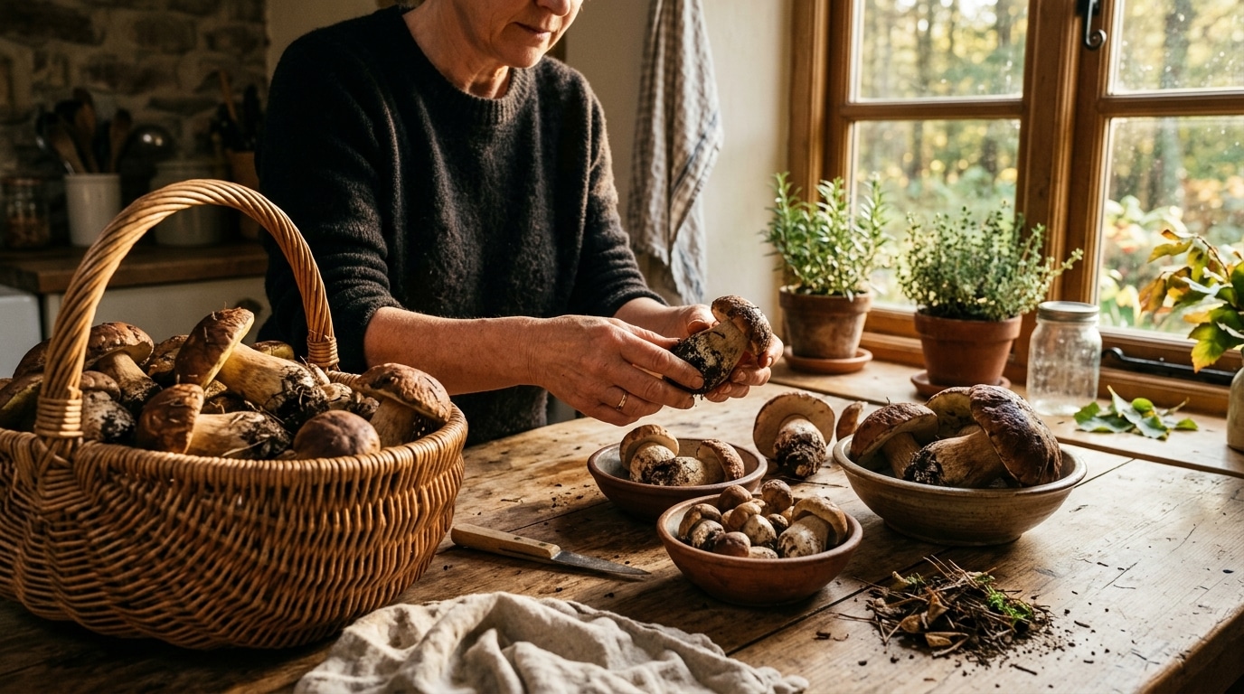 Mains triant des cèpes fraîchement cueillis dans un panier