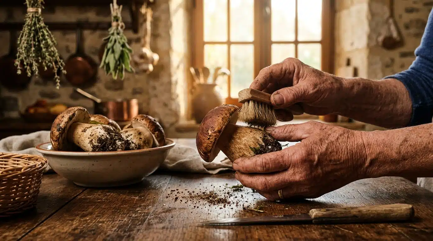 Nettoyage minutieux des cèpes avant cuisson