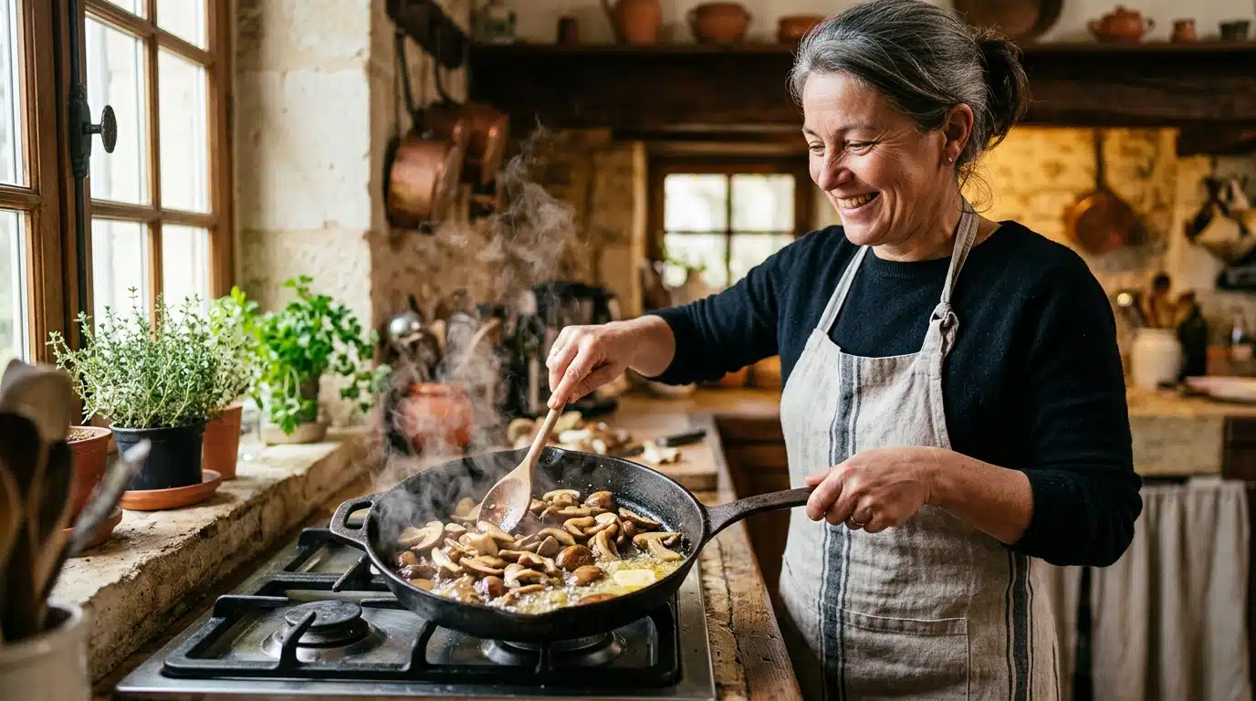 Cuisson des cèpes dans une poêle en fonte
