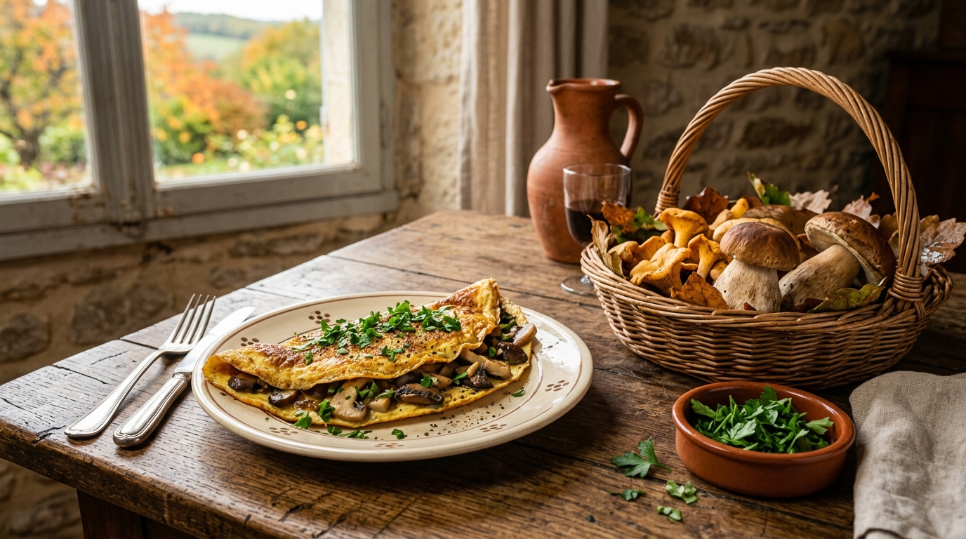Omelette dorée aux cèpes servie à table