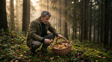 Cueilleur accroupi dans une forêt de pins à l'aube