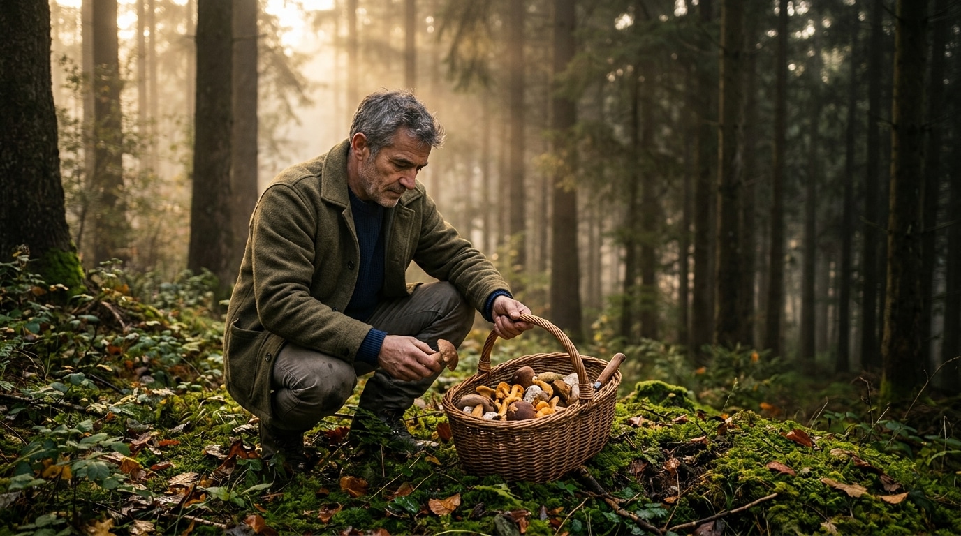 Cueilleur accroupi dans une forêt de pins à l'aube
