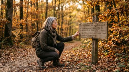 Cueilleuse lisant un panneau règlement en forêt privée