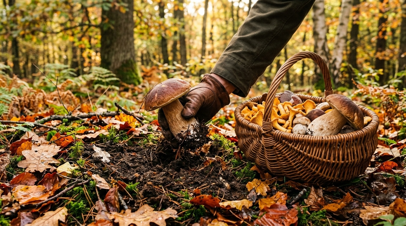 Main dévissant un cèpe au-dessus d'un panier en osier