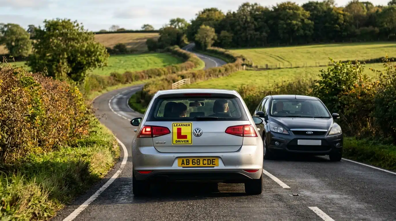 Voiture auto-école suivie de près sur route