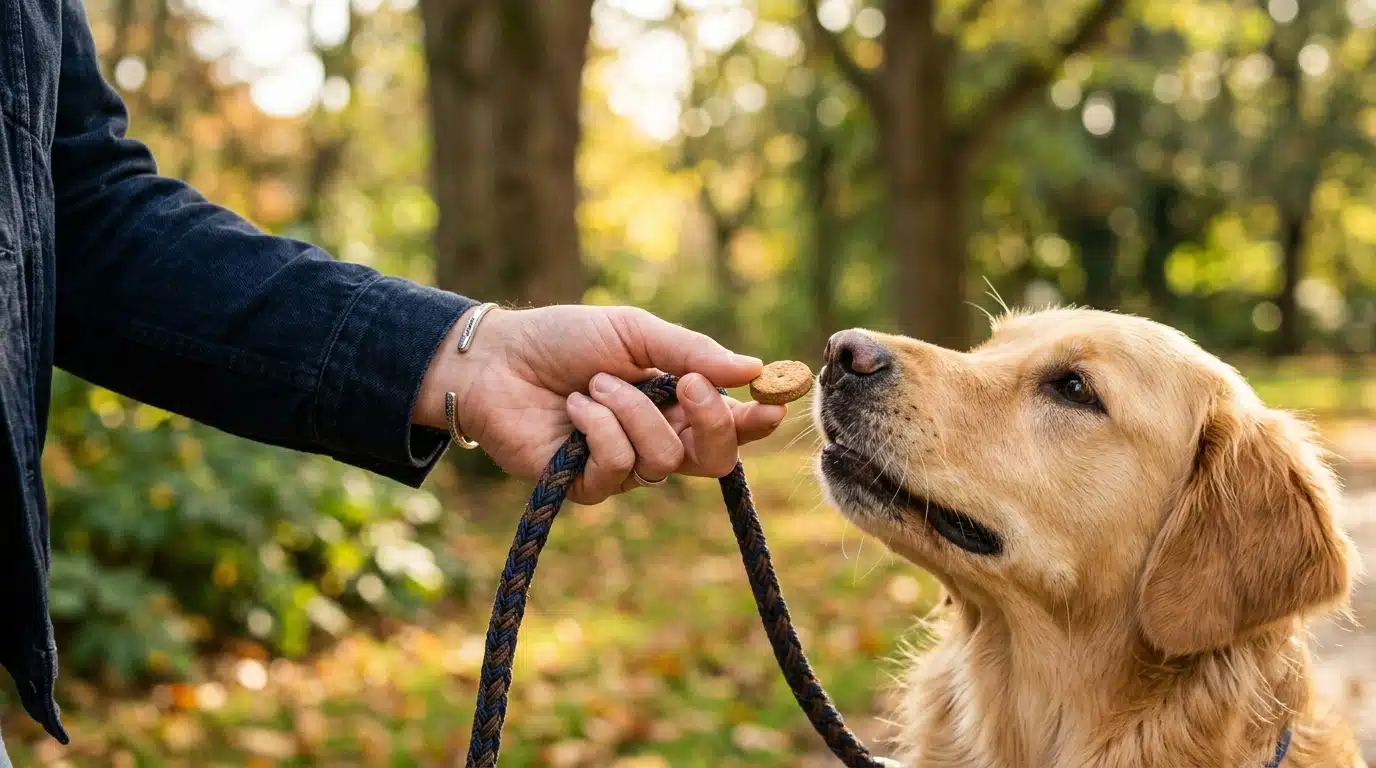 Main tenant une laisse et une friandise pour chien