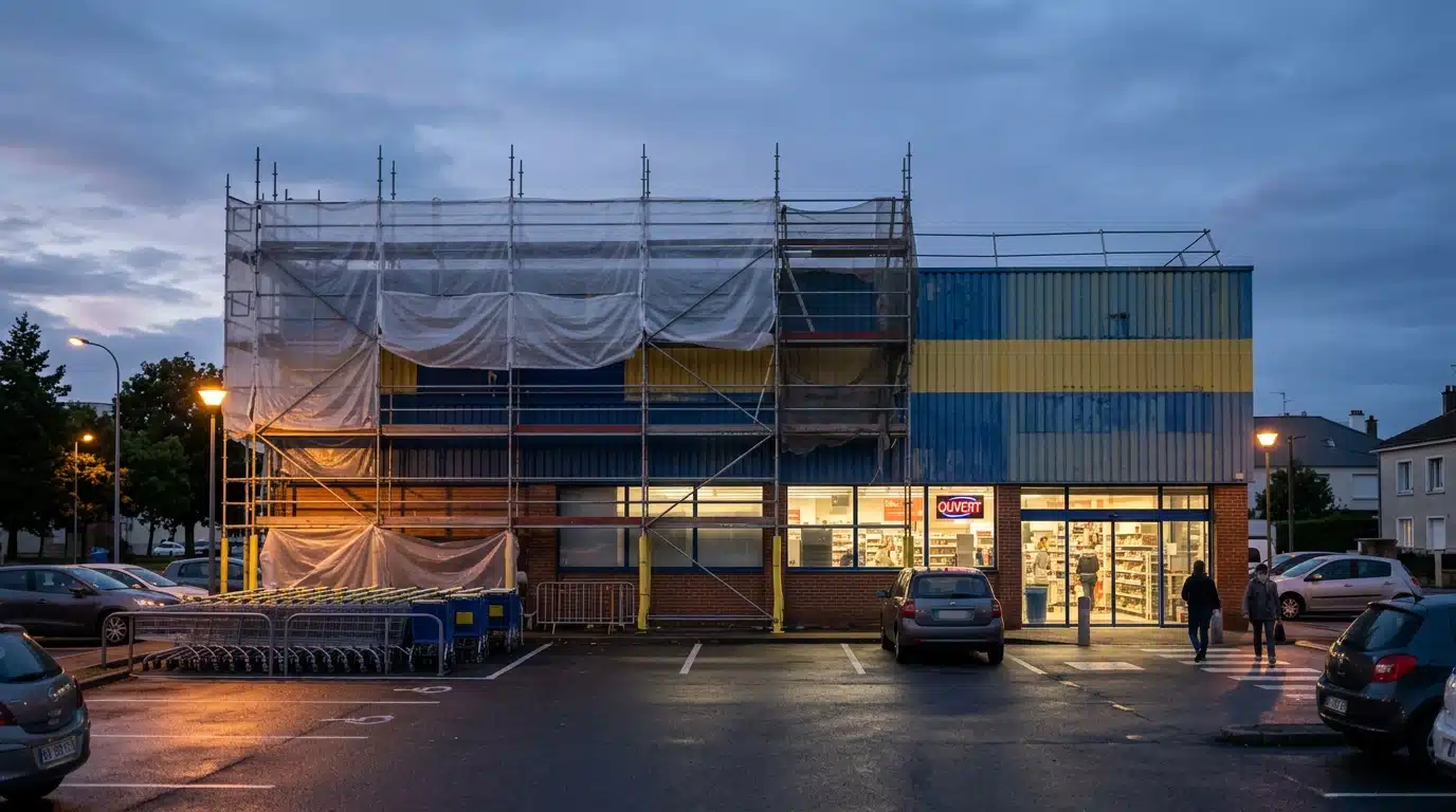 Façade de supermarché en travaux de rénovation au crépuscule