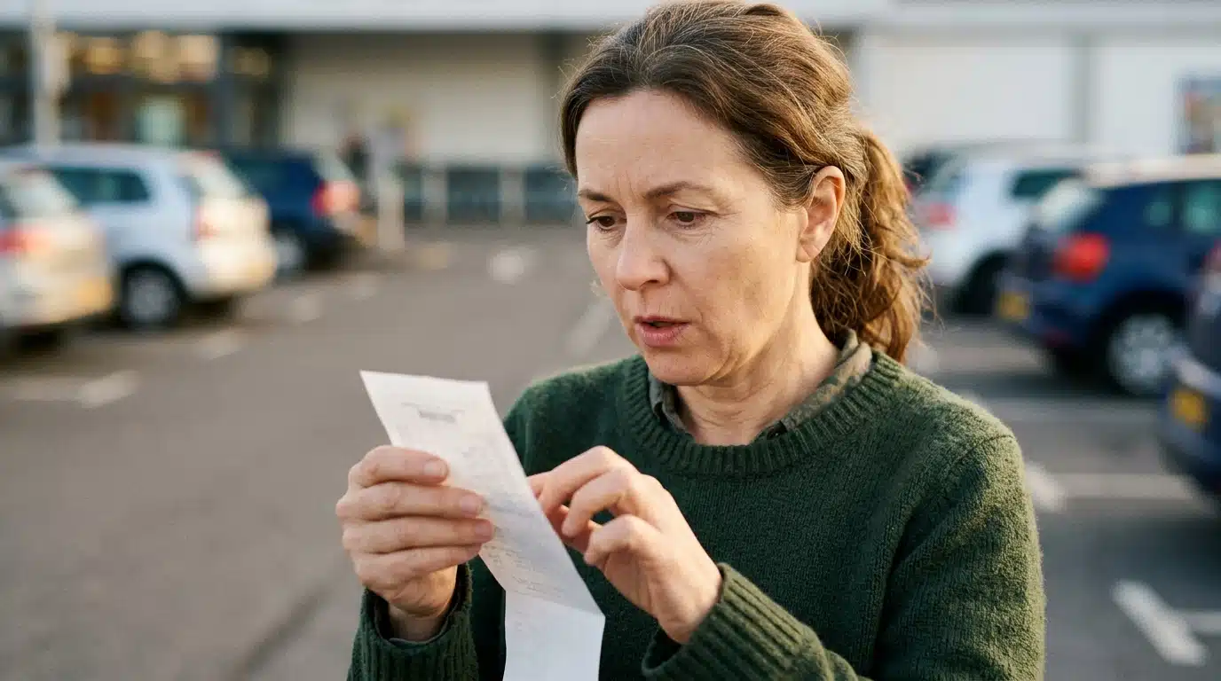 Client surpris tenant un ticket de caisse sur parking