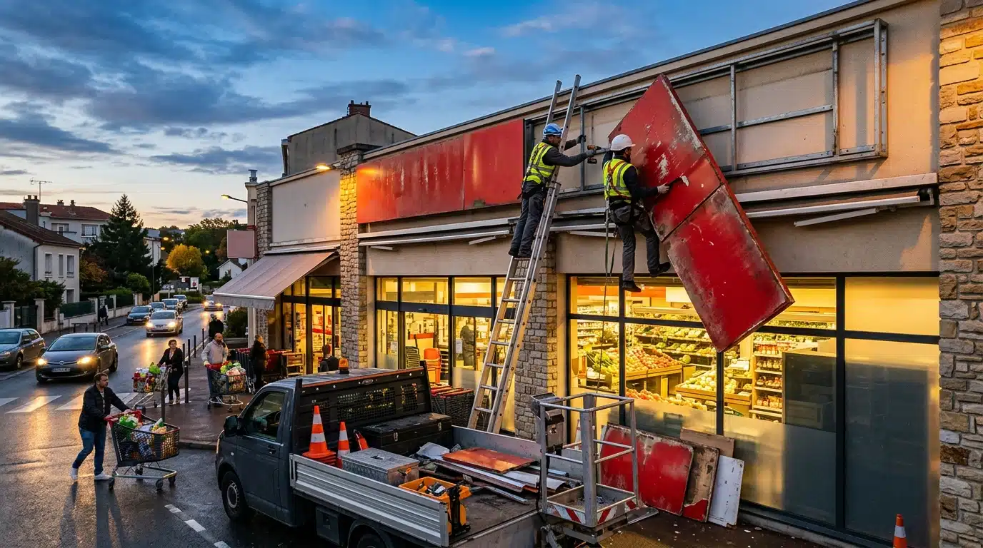 Façade de supermarché en travaux de changement d'enseigne