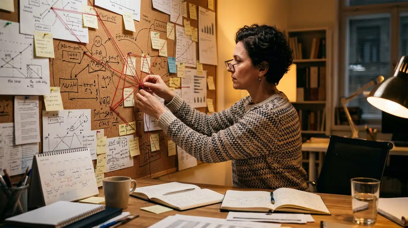 Femme reliant les indices d'une manipulation cachée