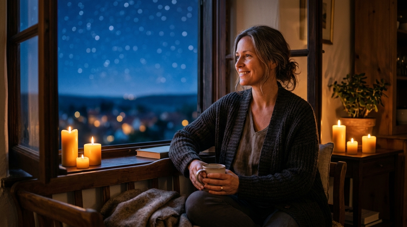 Femme apaisée à la fenêtre pendant l'heure dorée