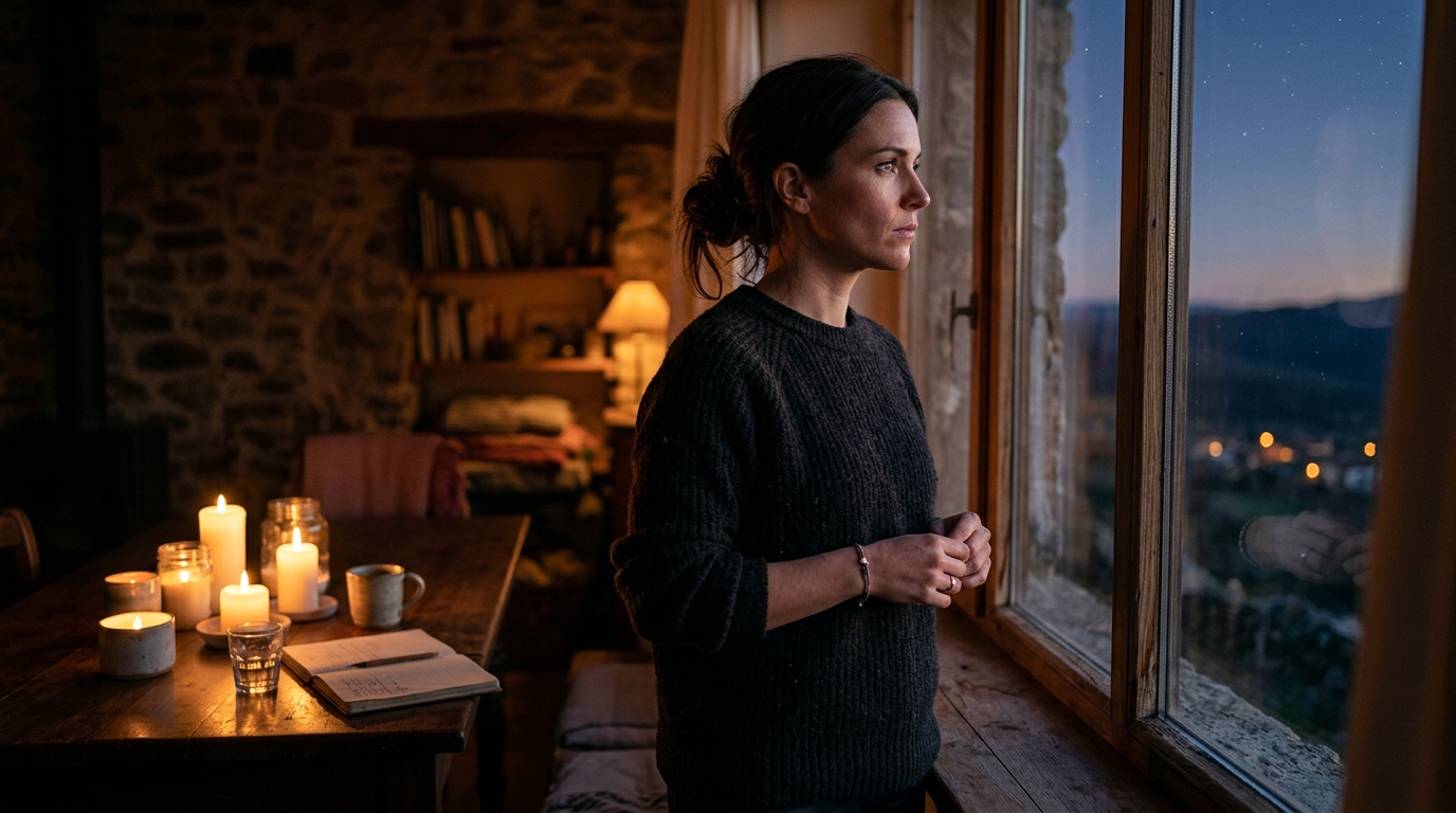 Femme au regard intense près d'une fenêtre au crépuscule