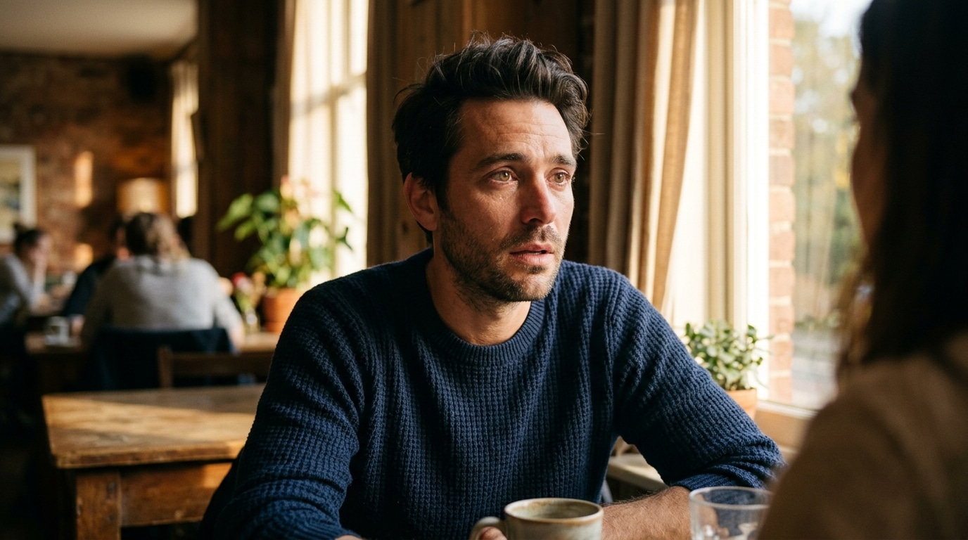 Personne au regard ému sous une lumière dorée