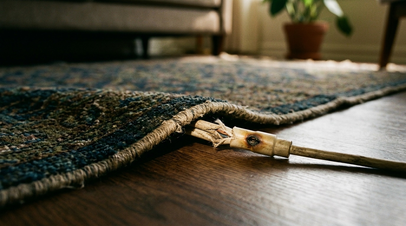 Câble électrique usé glissé sous un tapis