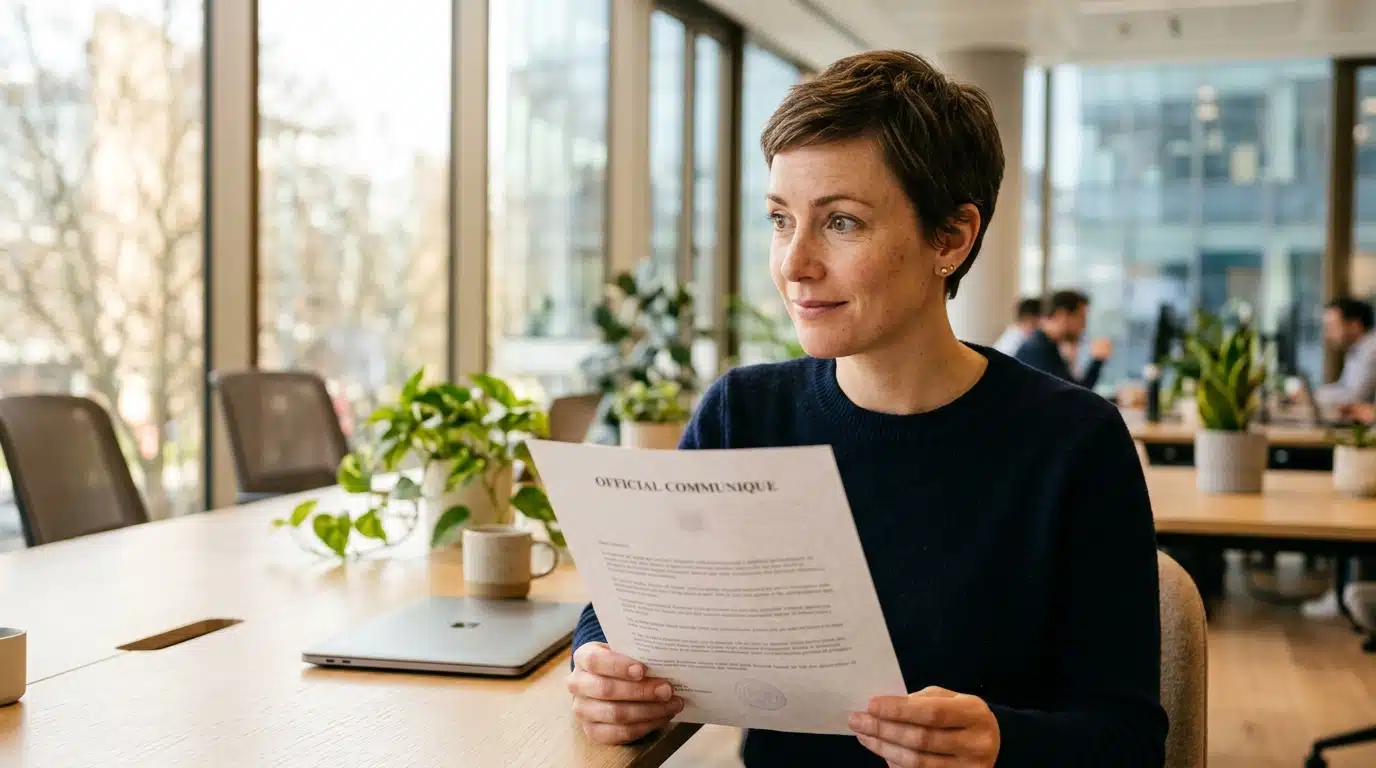Employé surpris recevant une annonce professionnelle au bureau