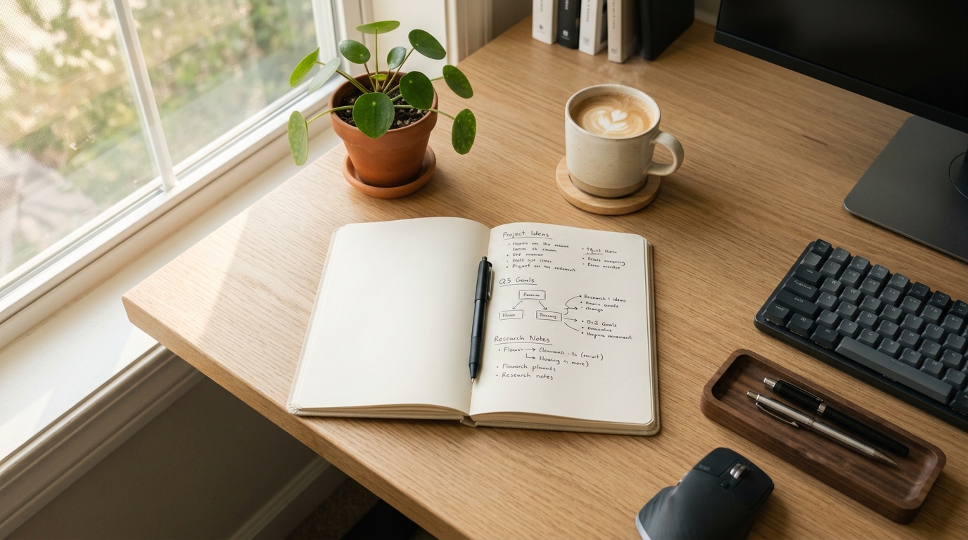 Bureau ordonné avec carnet, café et lumière douce