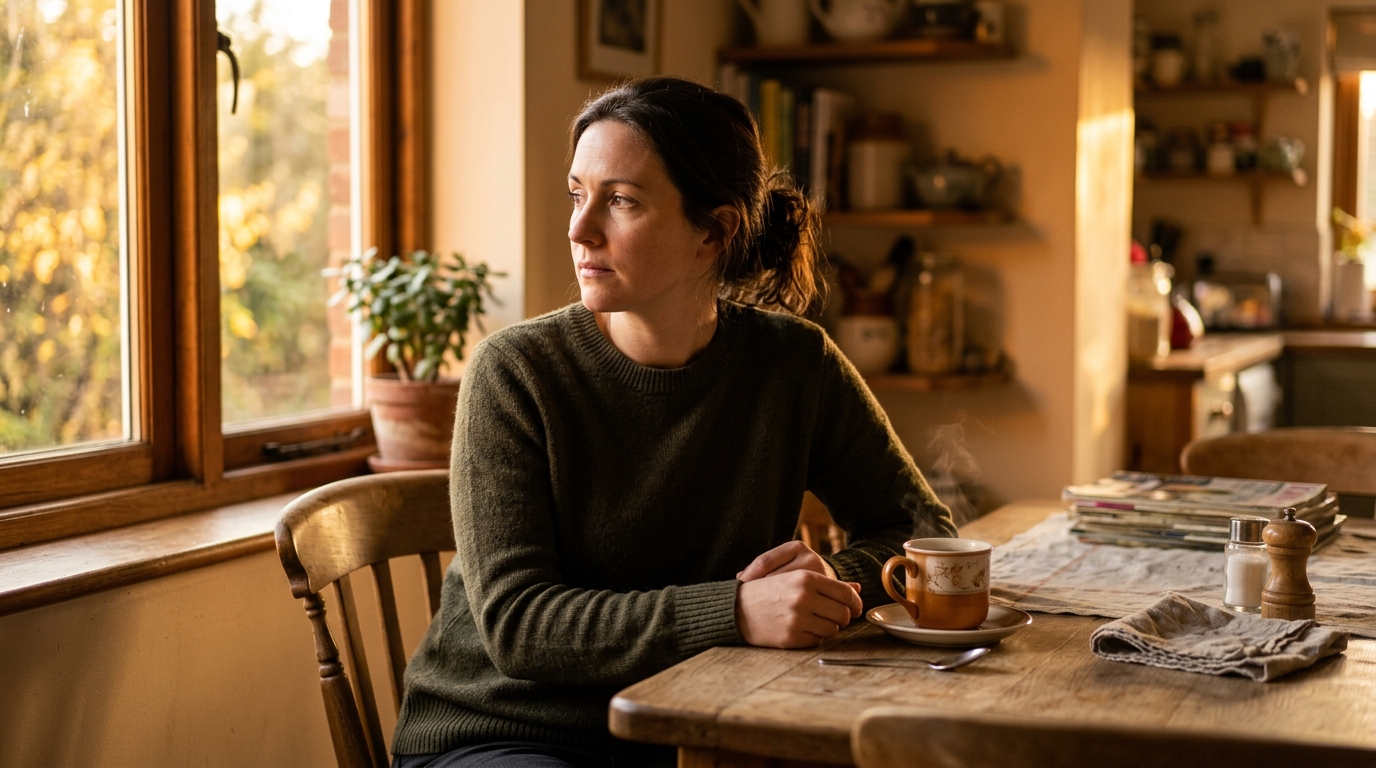 Femme assise en cuisine réfléchissant à une conversation familiale