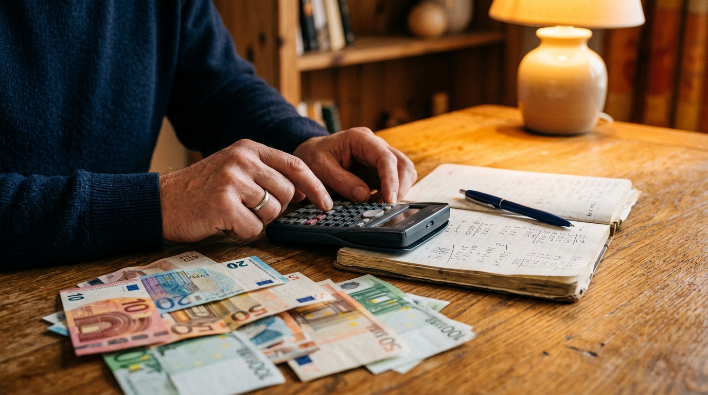 Mains calculant un budget entouré de factures sur une table