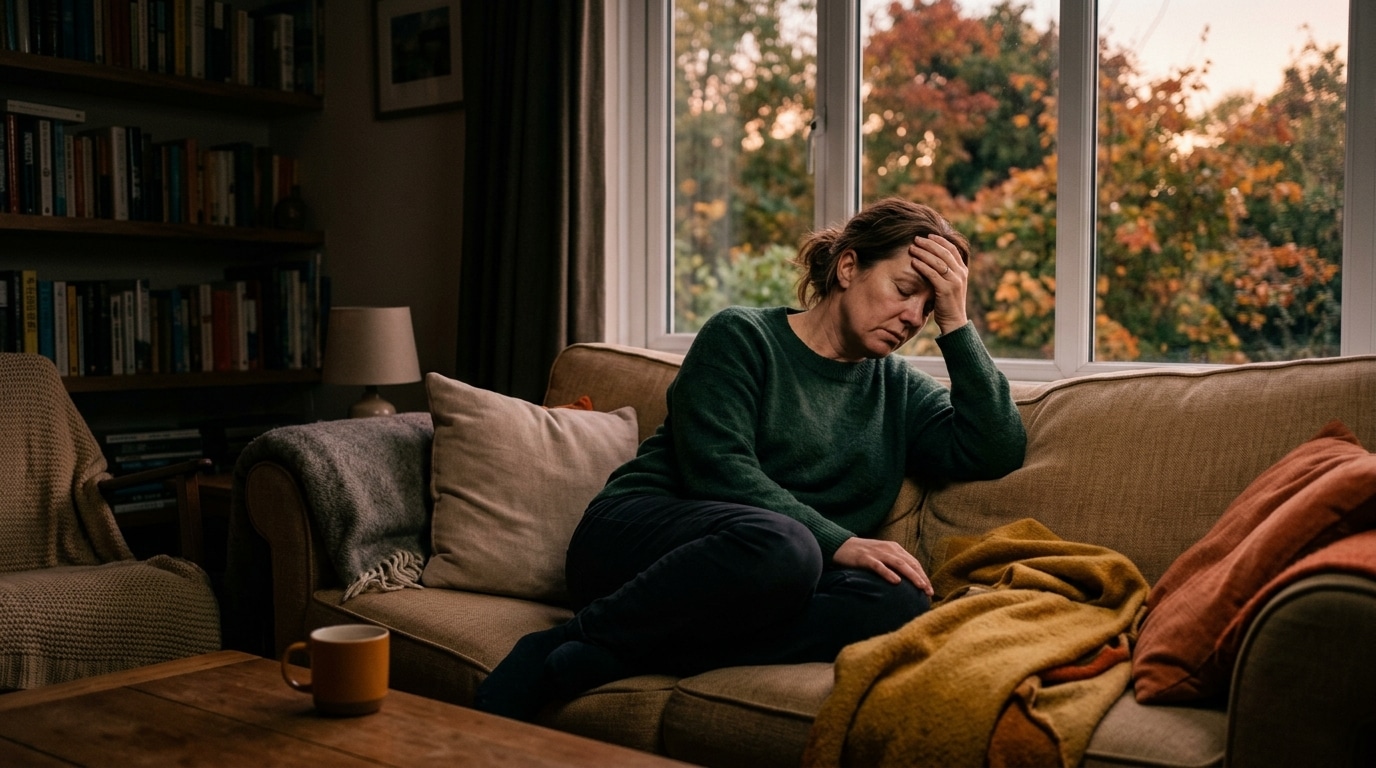 Personne épuisée assise sur un canapé en automne