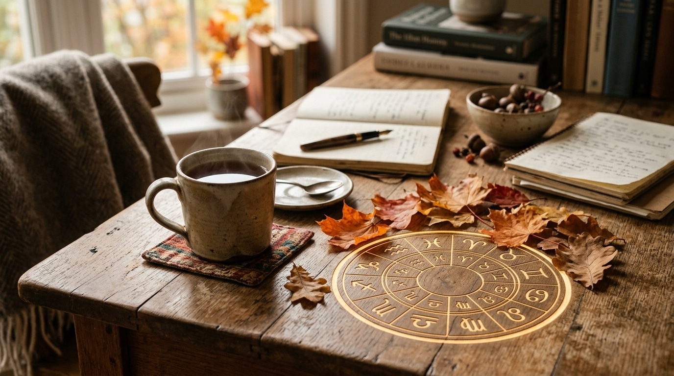 Table en bois avec thé et feuilles d'automne