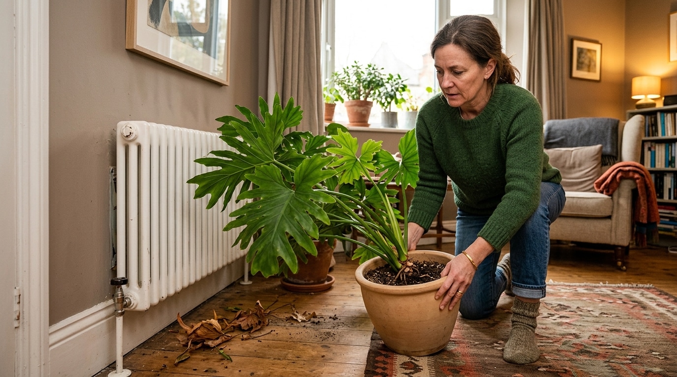 Personne éloignant une plante verte d'un radiateur