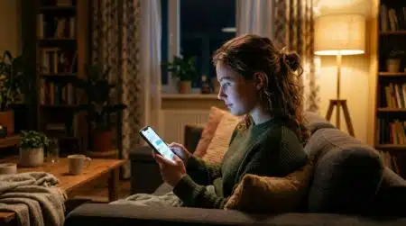 Femme seule éclairée par l'écran de son téléphone la nuit