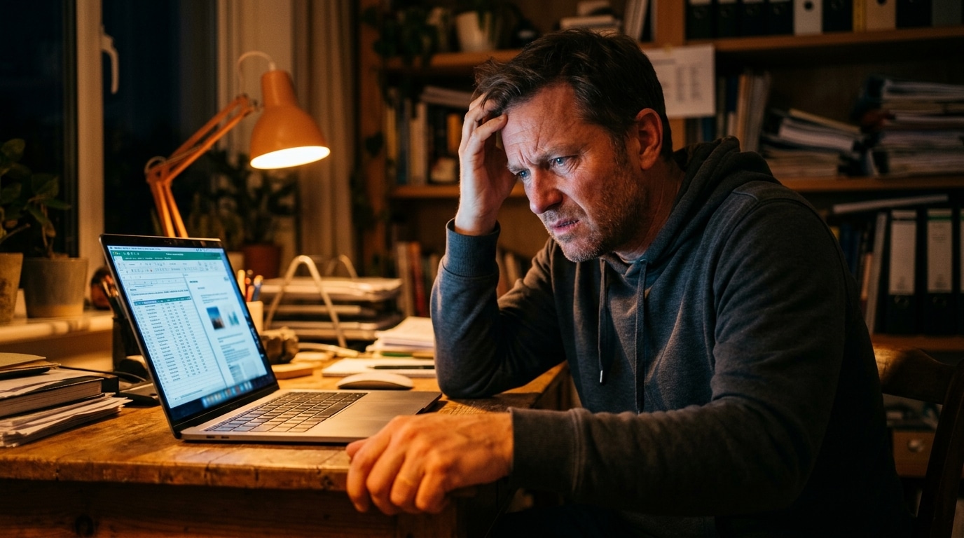 Homme frustré devant son ordinateur portable allumé