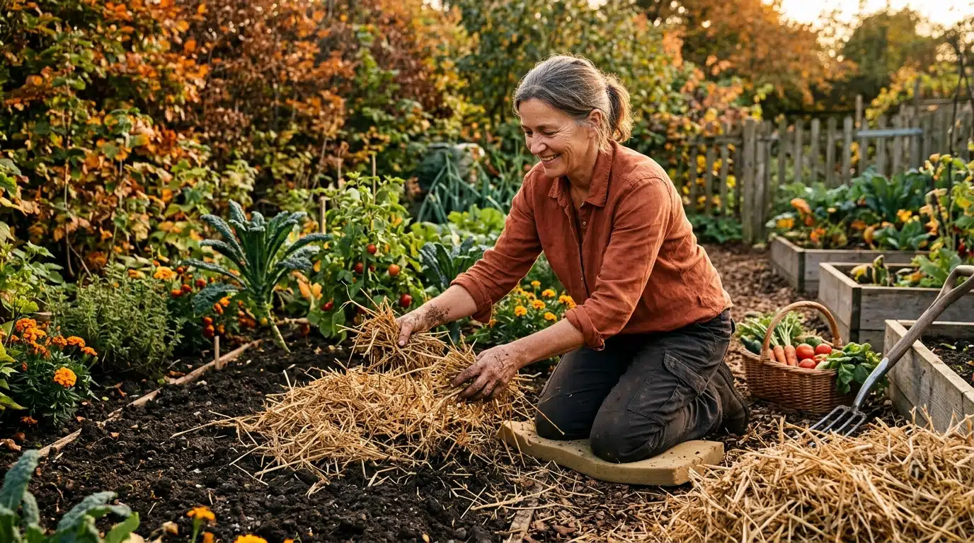 Femme paillant un potager en automne avec de la paille
