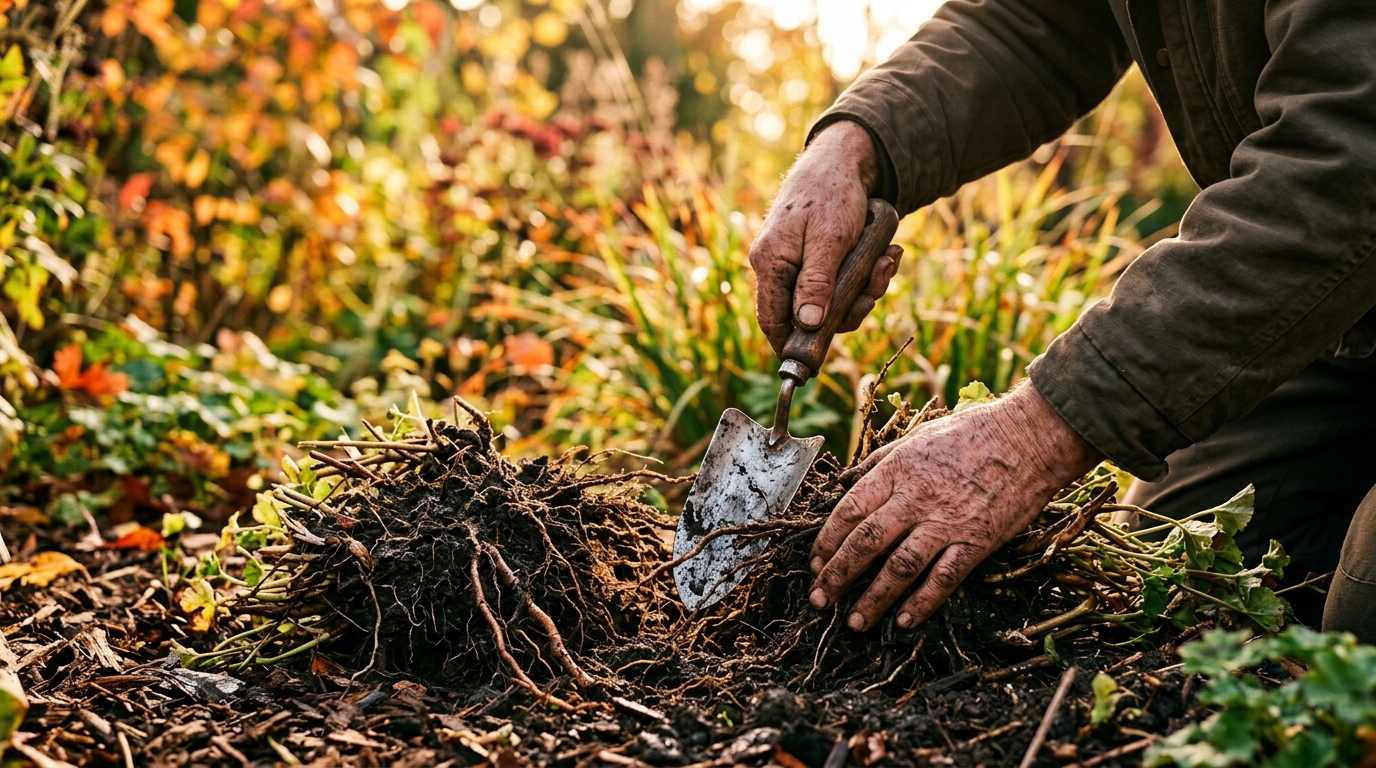 Mains de jardinier divisant une touffe de vivace