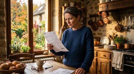 Femme inquiète regarde sa facture d'électricité dans sa cuisine